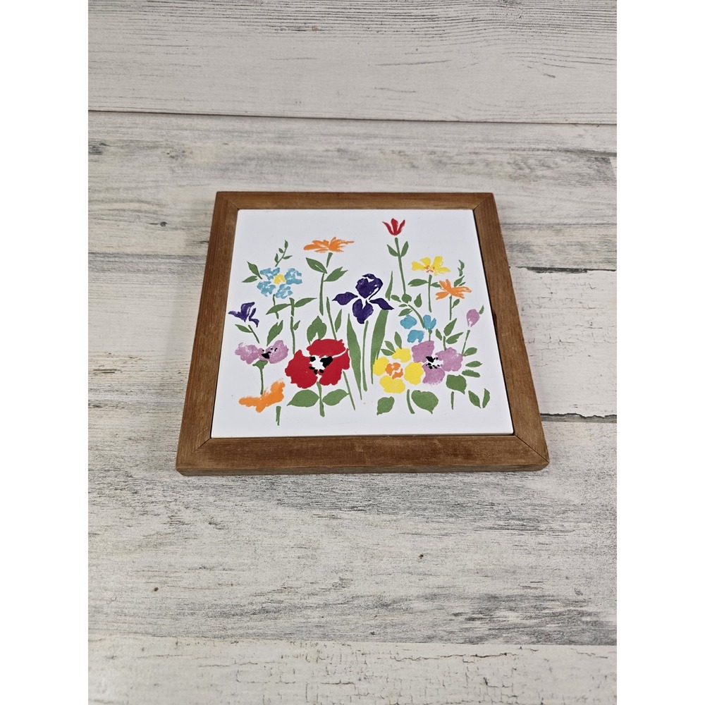 Vintage Floral Ceramic Tile Trivet/Wall Art Framed Multi-Color Wildflowers